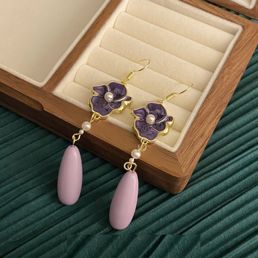 Drip Glazed Purple Flower Earrings