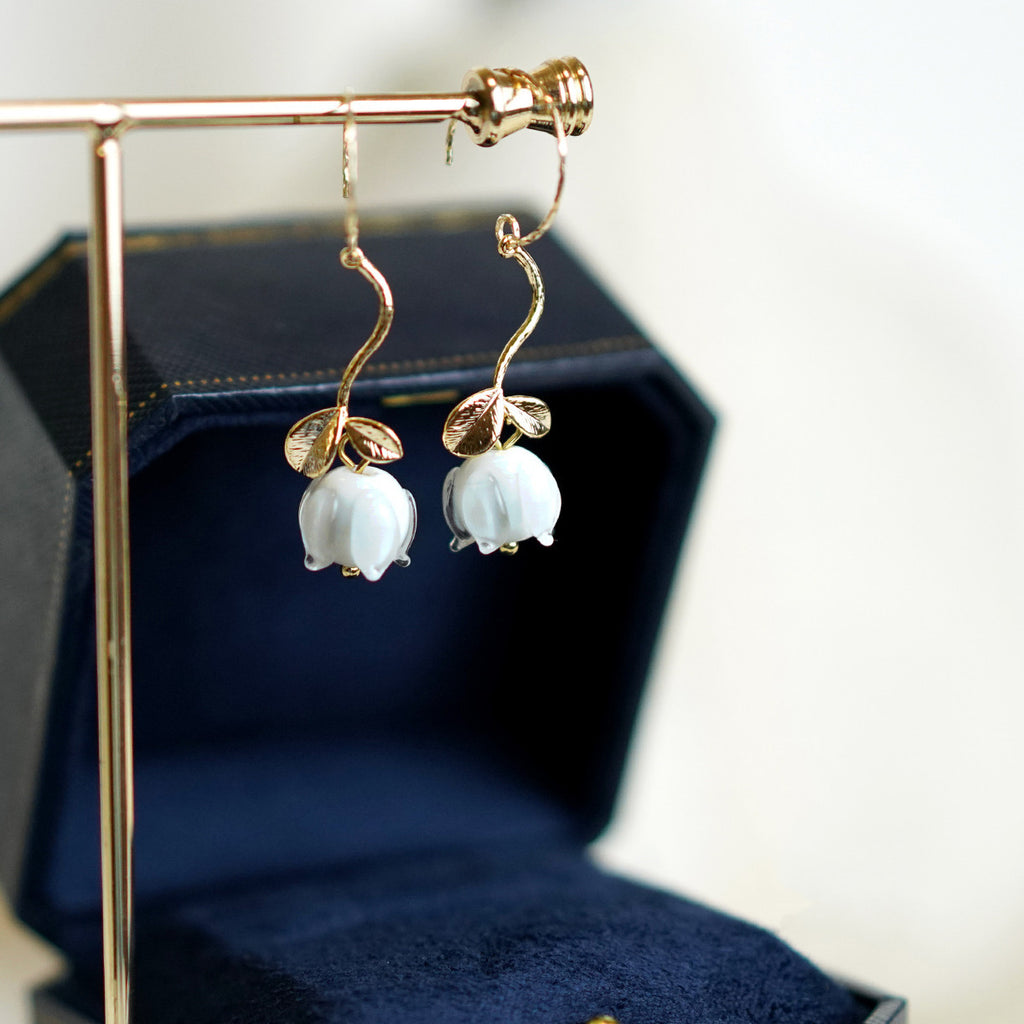White Floral Silver Earrings