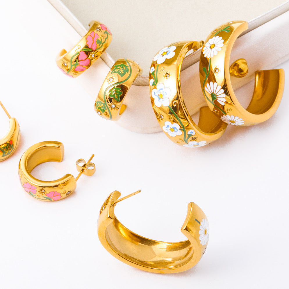 Painted Flower C-Shaped Earrings
